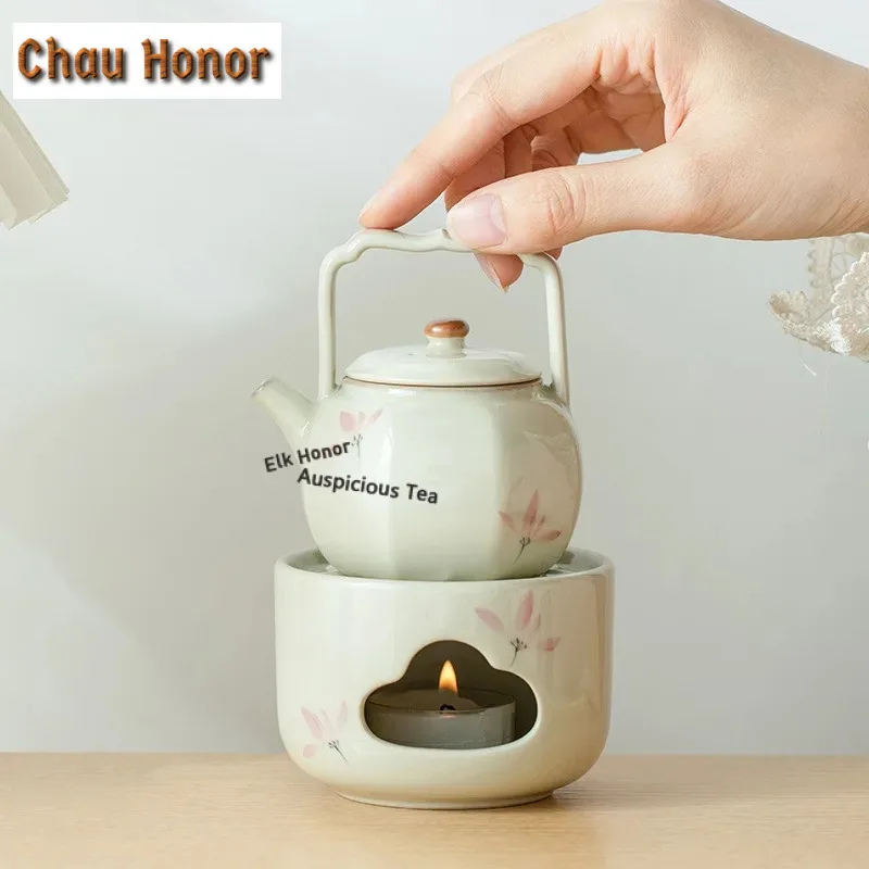 

125ml Pure Hand-painted Pink Orchid Octagonal Lifting Beam Ceramic Tea Pot Warmer Tea Cooking Stove Household Kung Fu Teaware