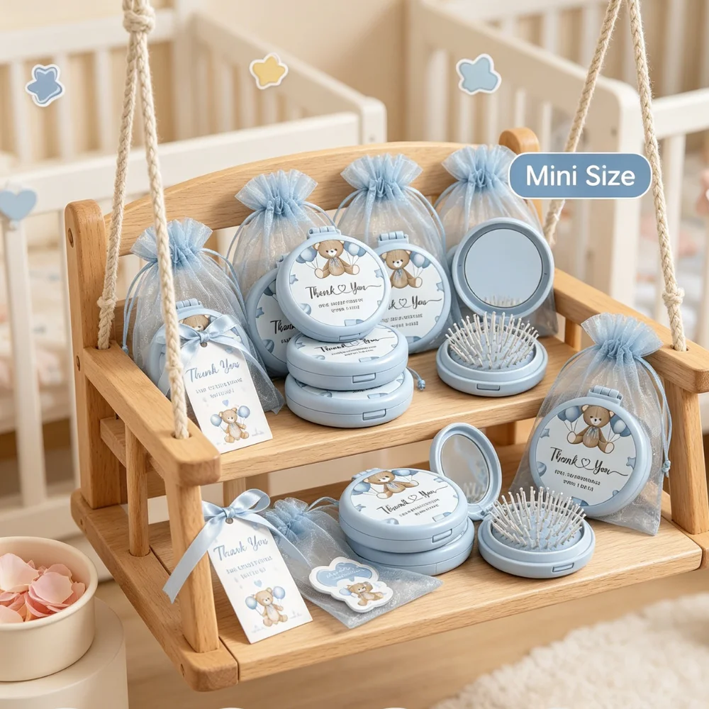 8 Sets Blue Foldable Pocket Mirror Comb Gift Set for Baby Shower, Gift Set, Baptism Christening Keepsakes, Gender Reveal Party
