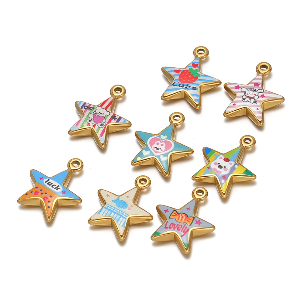 4 Stück Edelstahl-Halsketten-Anhänger mit bunten Emaille-Sternen für DIY-Schmuckherstellung für Kinder, Armbänder, Ohrringe, Accessoires – Detail 1