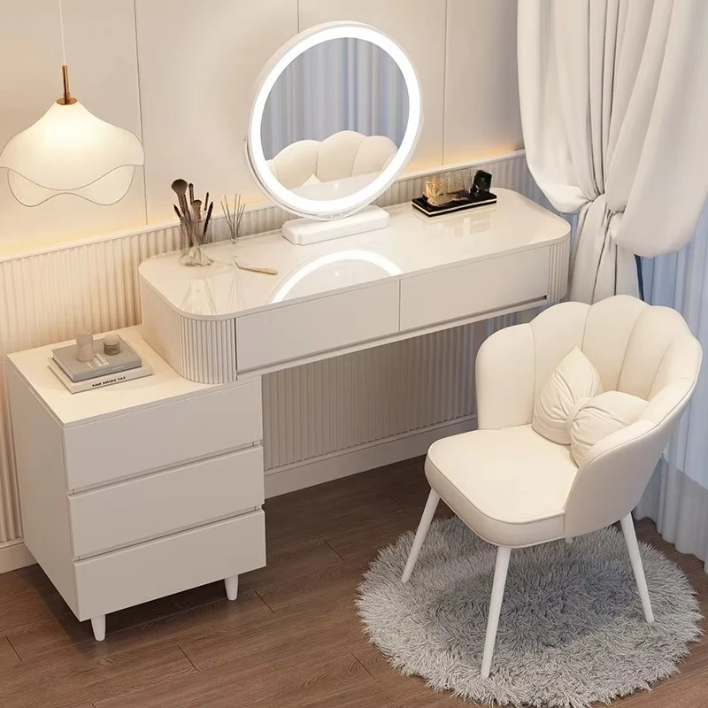 Modern White Vanity Table Set Lighted LED Mirror Bedroom Furniture Storage Smart Bluetooth Makeup Dresser Vanity Dressing