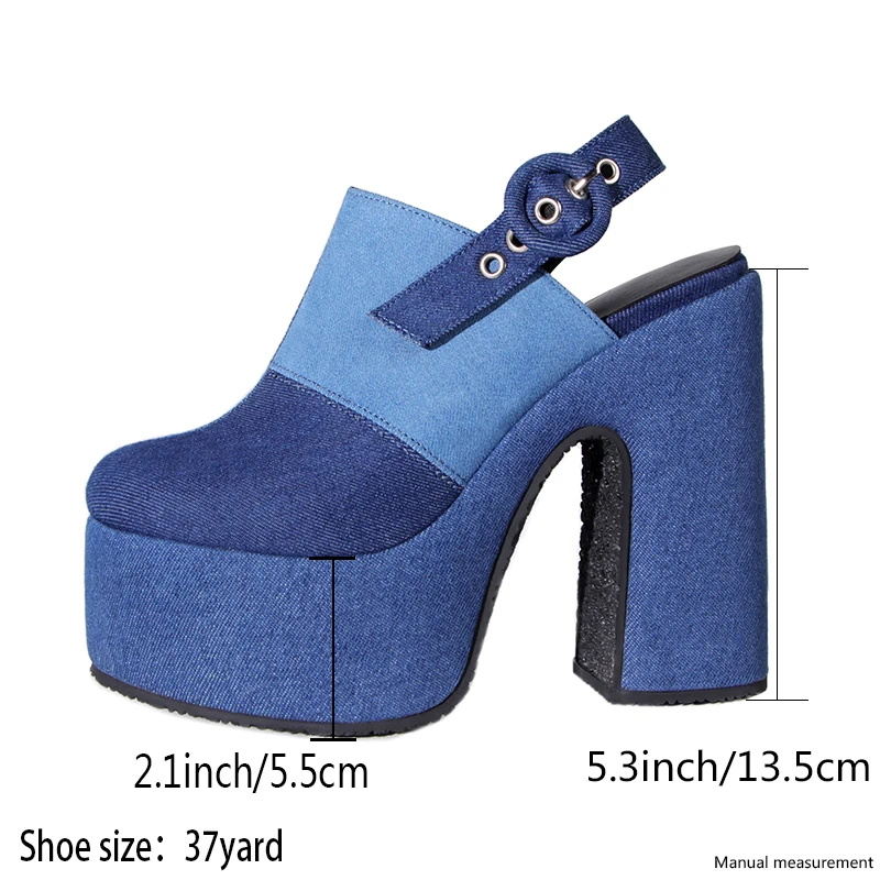 Sexy Denim Pumps Women High Heels Platform Shoes Summer 2023 Round Toe Buckle Big Size Dress Party Shoes