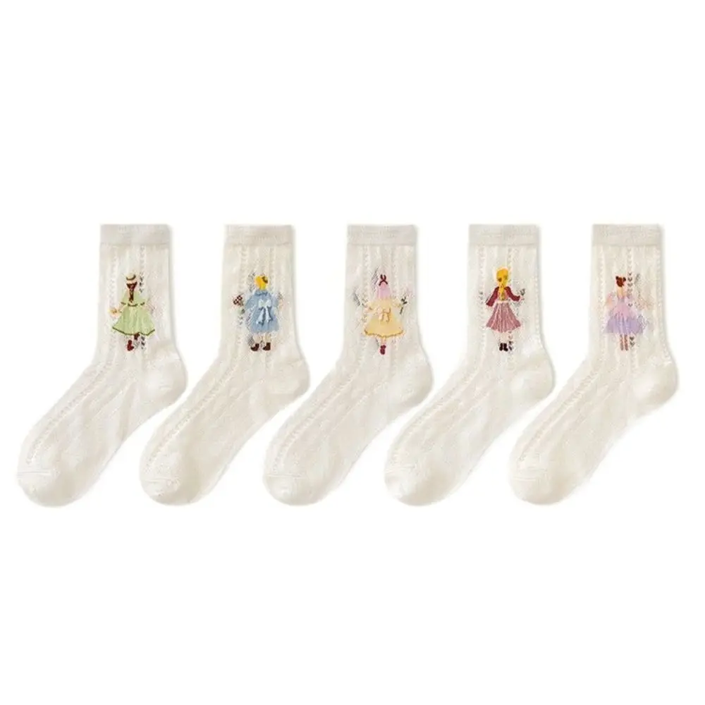

5Pairs Fashion Cartoon Girl Mesh Thin Socks Hollow Polyester Cotton Tube Socks Women Breathable Anti-slip Lady Socks Summer