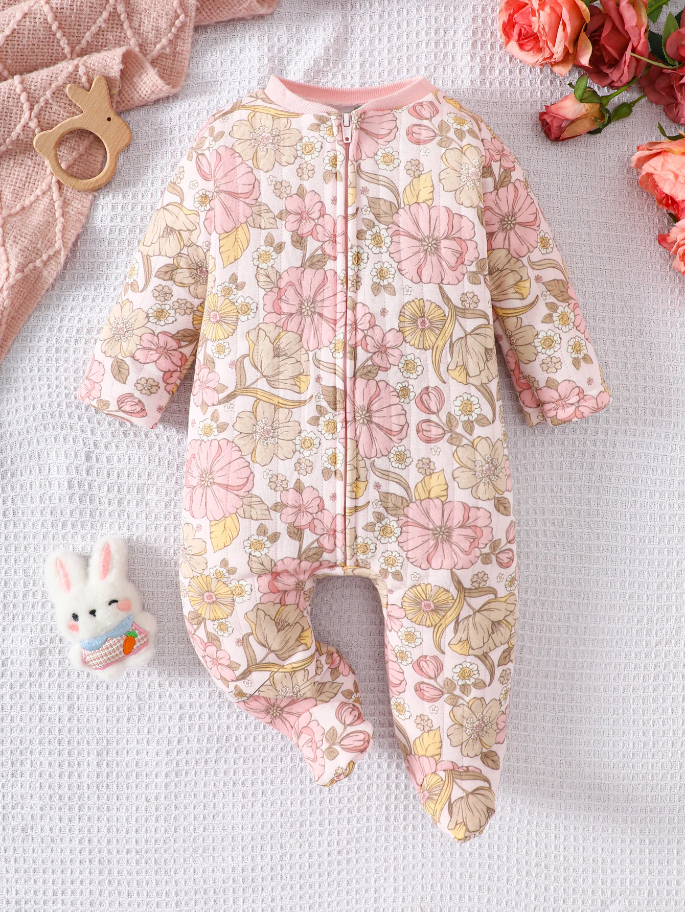 Newborn Baby Girls Long Sleeve Footed Romper Pink Floral Print Zipper Jumpsuit Soft Cotton Infant Sleepwear One Piece Outfit 0-3