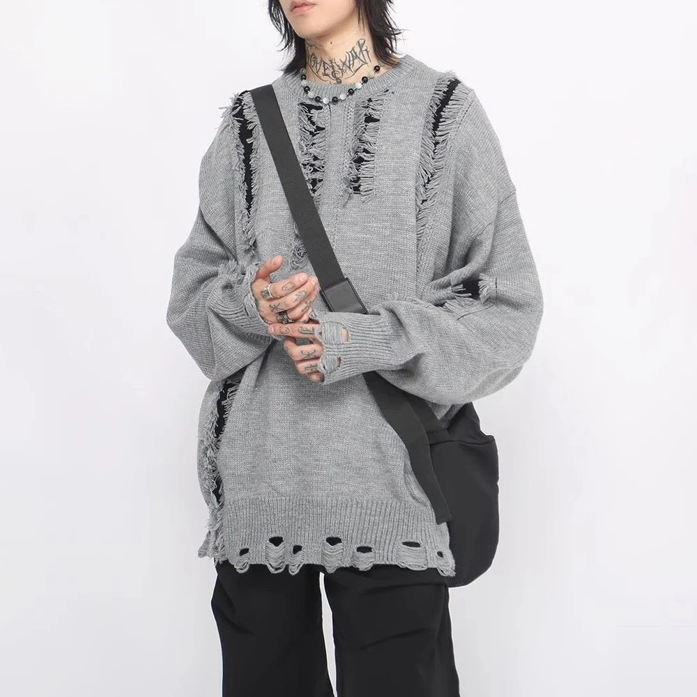 

2025 Winter New Men's Ripped Long-Sleeve Sweater American Retro Fashion Trendy High Street Loose Casual Niche Unisex Men's Top