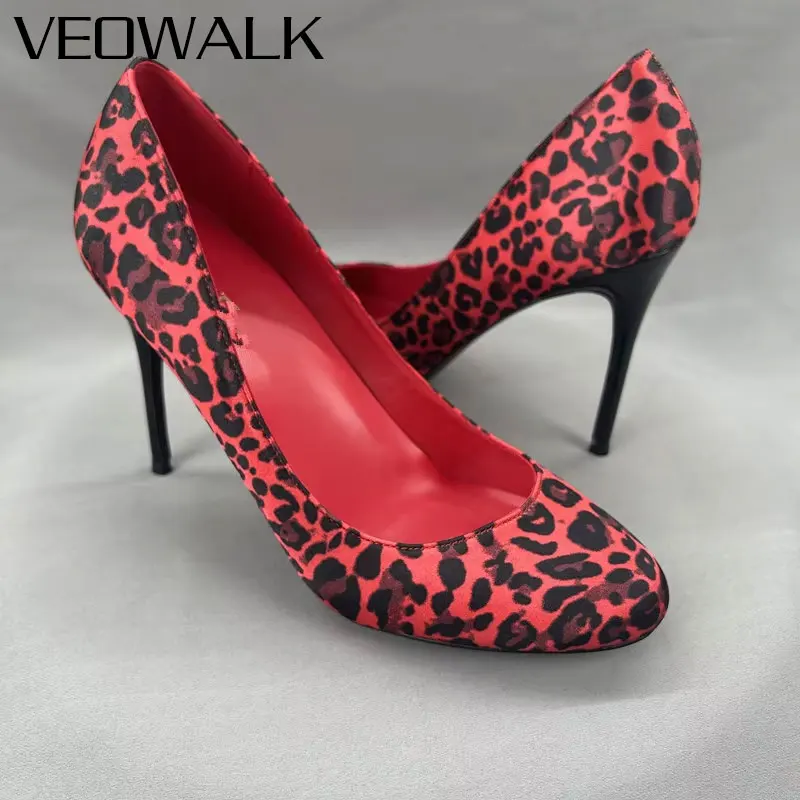 Tikicup Vintage Sexy Red Leopard Print Round Toe Pumps 8/10/12CM Ultra Stiletto High Heels Party Evening Nightclub Daily Shoes