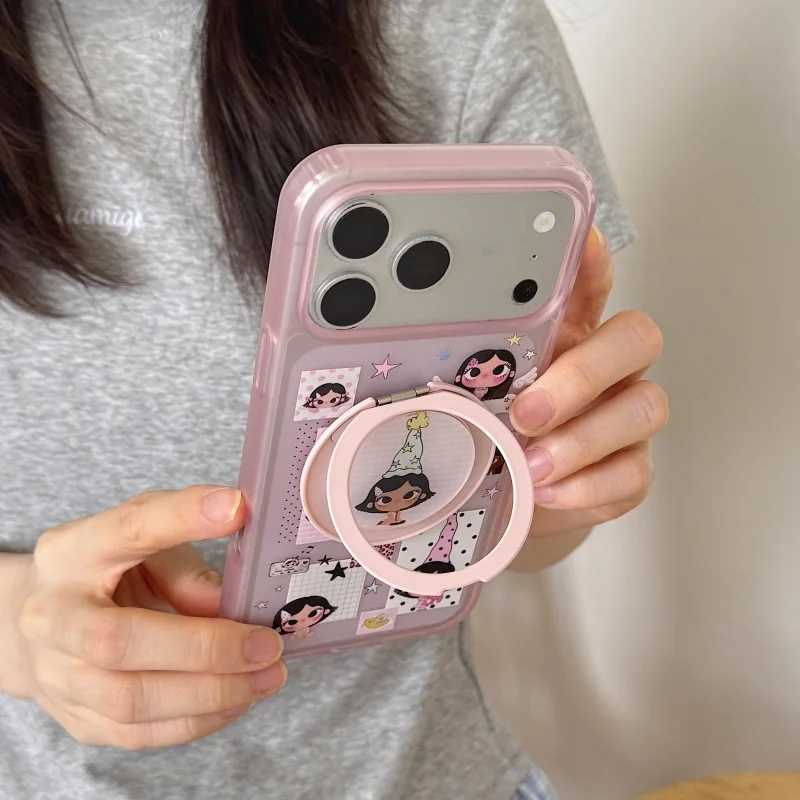 Divertida y Adorable Funda de Teléfono con Ilustración de Chica con Alas para iPhone 17 Pro 16 15 Pro Max, Carcasa con Soporte Giratorio, Fundas de Dibujos Animados para Apple 1