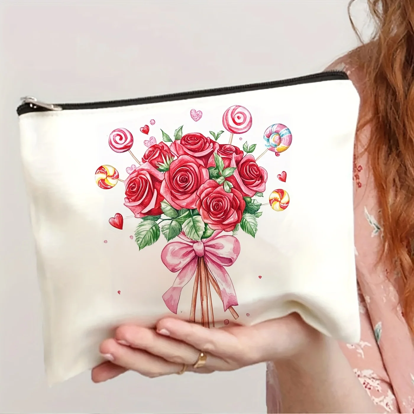 

A Valentine's Day Rose And Lollipop Patterned Makeup Bag- Multifunctional Zipper Pouch, Jewelry Storage Bag