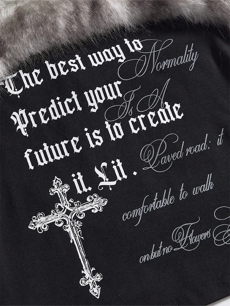 2026 Sommer Damen Y2K Grunge Goth Streetwear Sexy Kunstfell-Besatz Kreuz-Buchstaben-Print Slim Fit Cropped Neckholder Cami Tank Top – Detail 6