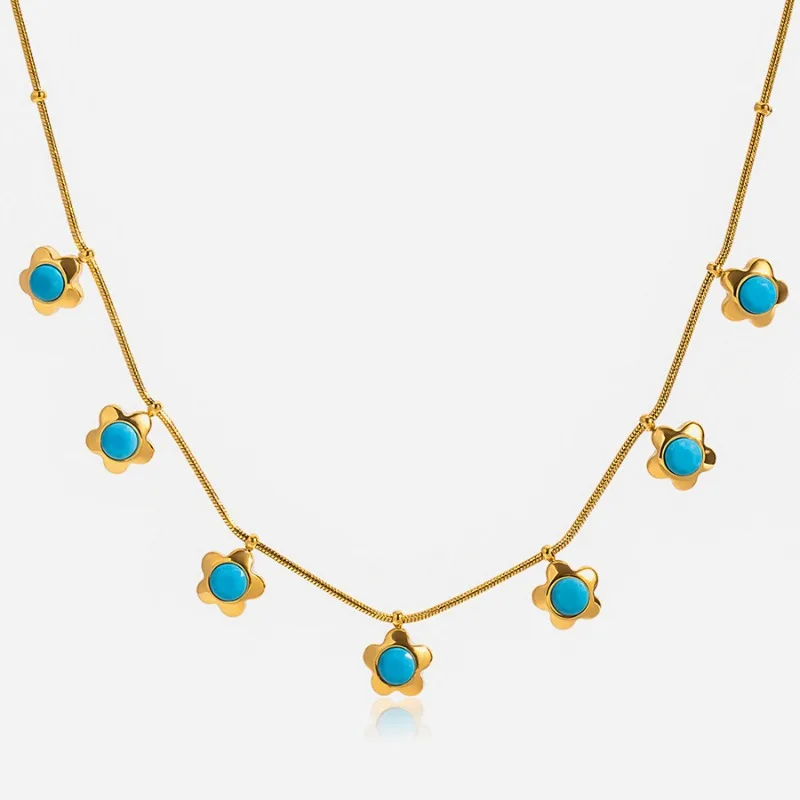 

Minar Classic Blue Turquoise Natural Stone Flower Pendant Necklaces for Women Titanium Steel 18K Gold Plated Herringbone Chokers