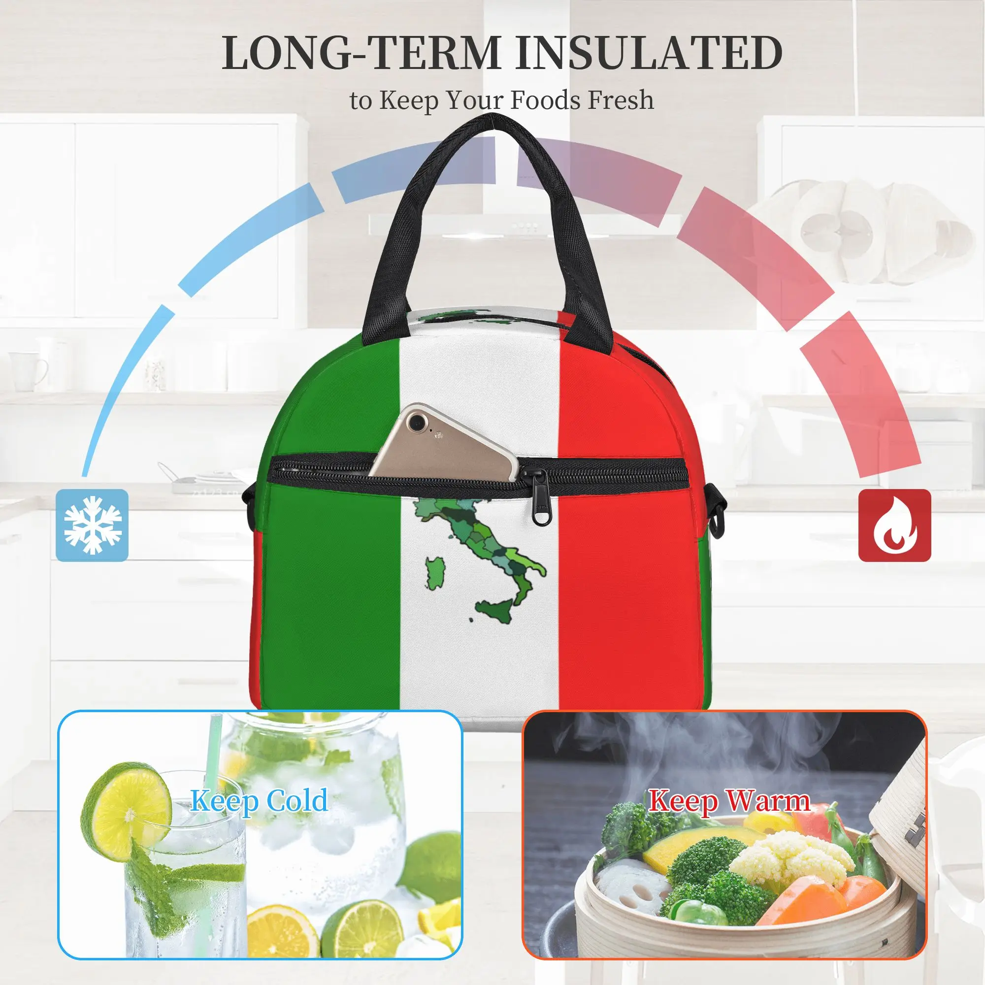 Borsa termica per il pranzo con motivo a bandiera Italia borsa portatile riutilizzabile Bento con scatola per il pranzo termica con cinturino