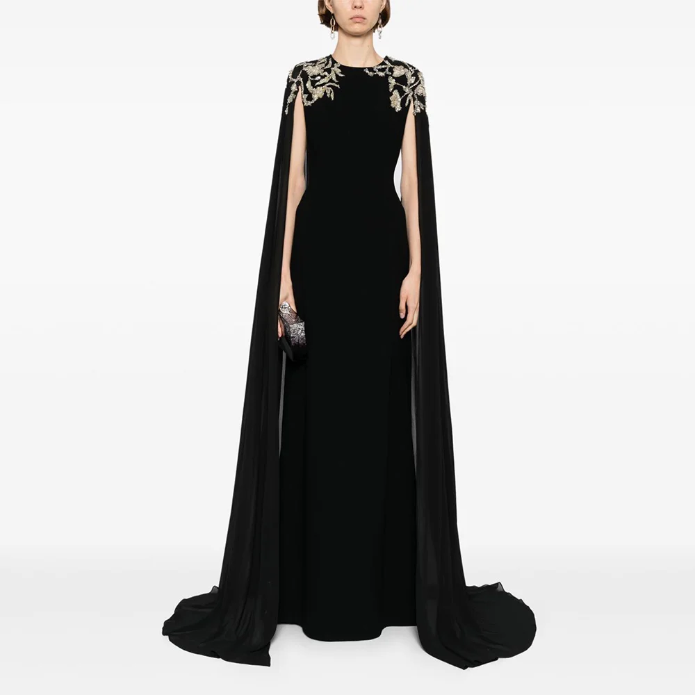 

Women's Evening Dress Beading Applique O Neck Cloak Sleeves Luxurious Evening Gowns Long A Line Elegant Wedding Guest Dresses