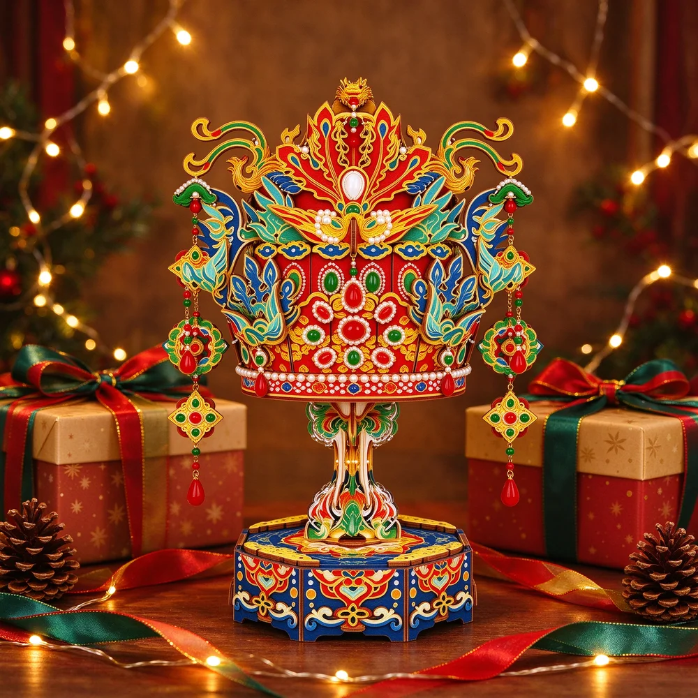 Phoenix Crown 3D Wooden Puzzle Music Box DIY Model Kit with LED Light Desk Decor Gift for Women Girls Birthday Christmas