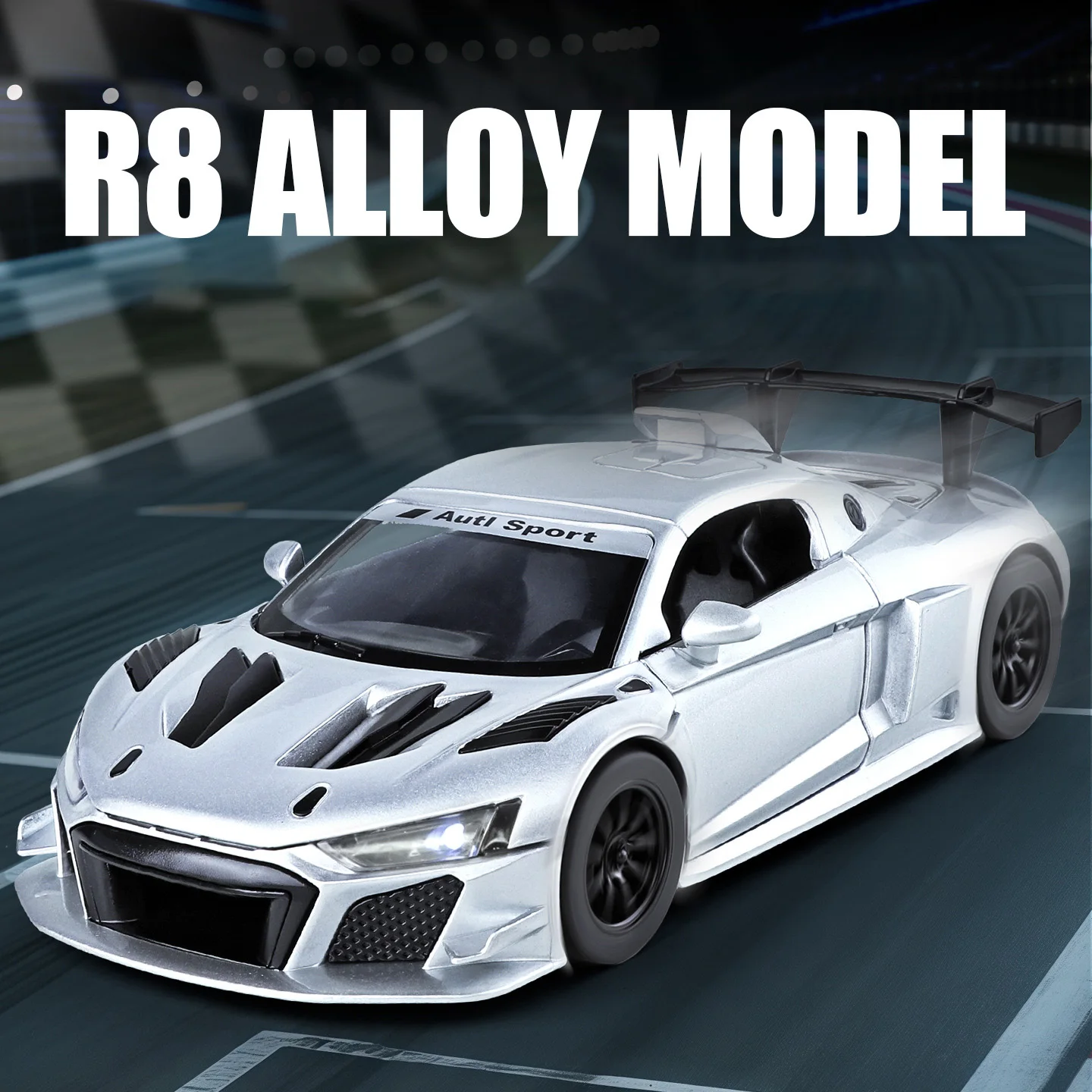 Nuevo 1:24 R8 LMS GT2 supercoche de aleación modelo de coche sonido y luz tirar hacia atrás juguete para niños coleccionables regalo de cumpleaños
