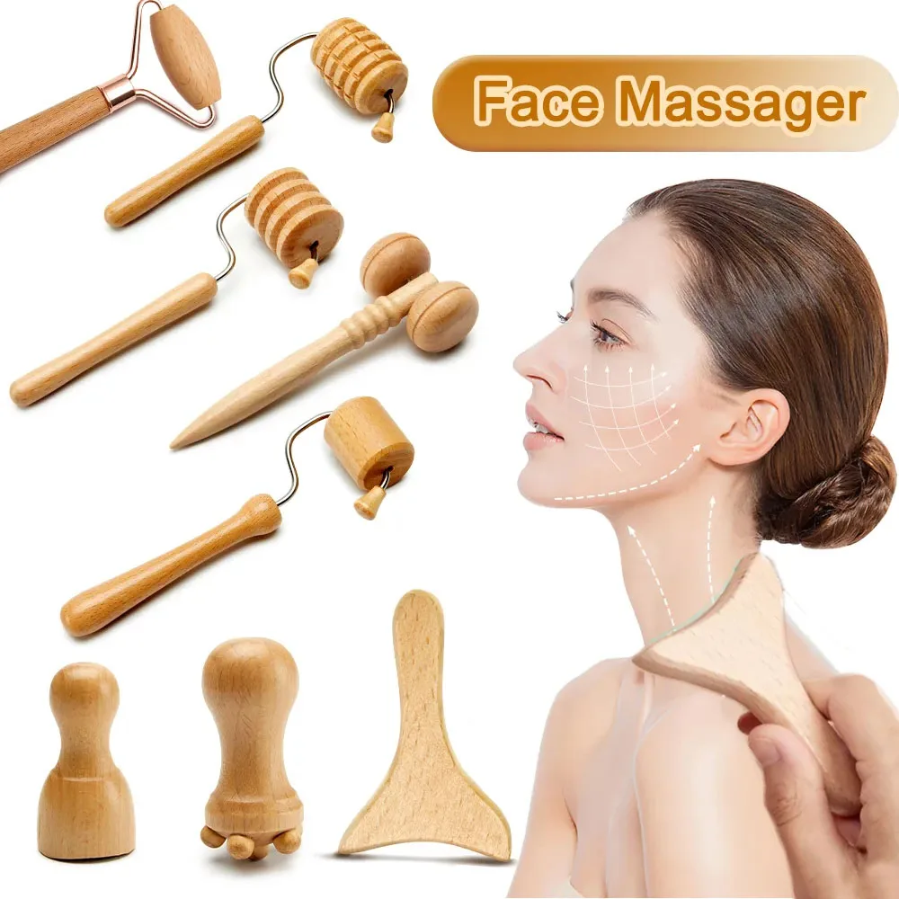 Rodillo de madera para terapia Facial, masajeador Facial de 1/7 piezas, terapia de madera para el rostro, Kit de masaje meridiano, rodillo para Lifting Facial