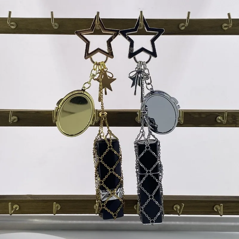 Custom Name Portable Small Mirror Lipstick Bag Keychain Stainless Steel Metal Net Pocket Interchangeable Lip Balm Bag Key Chain