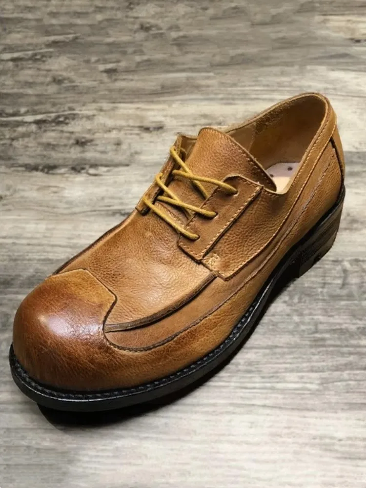 Designer Handmade Mens Genuine Leather Shoes Lace Up Big Round Toe Thick Bottom Daily Casual Vintage Cow Leather Derby Shoes Men