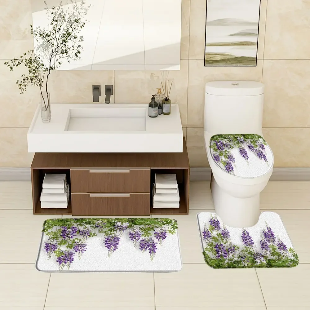 Purple Lavender Vineman Botanical Rug Set Watercolour Botanical Flower Butterfly Genie Bath Mats Bathroom Decor Accessories