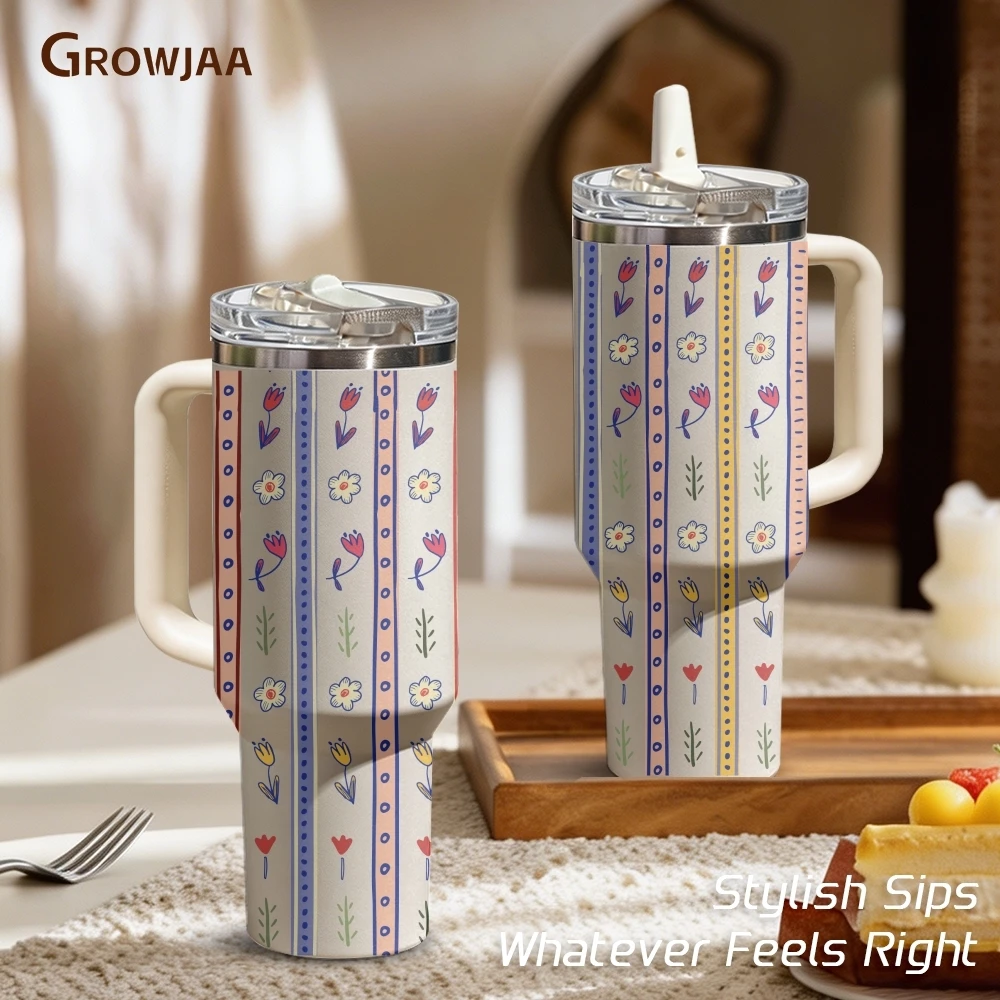

Simple Striped Summer Floral Vacuum Flasks 40oz 3rd Gen Vacuum Insulated Tumbler with Handle Straw Lid for Gym Office Travel