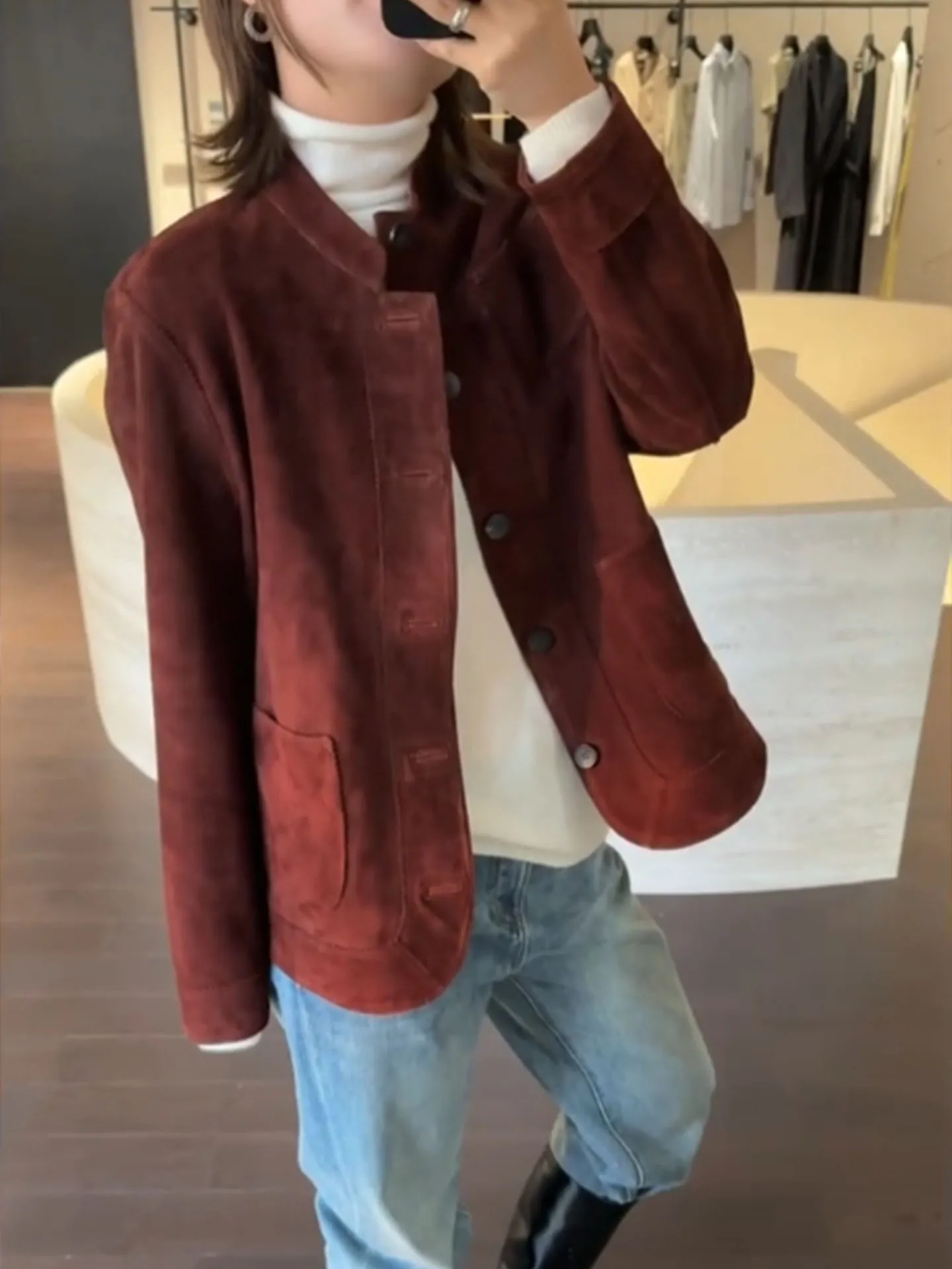 

Retro Sle Wine Red Stand Collar Women's Jaet Spring 2026 Ele Luxury Faion Top Stand Fit ort Length Color