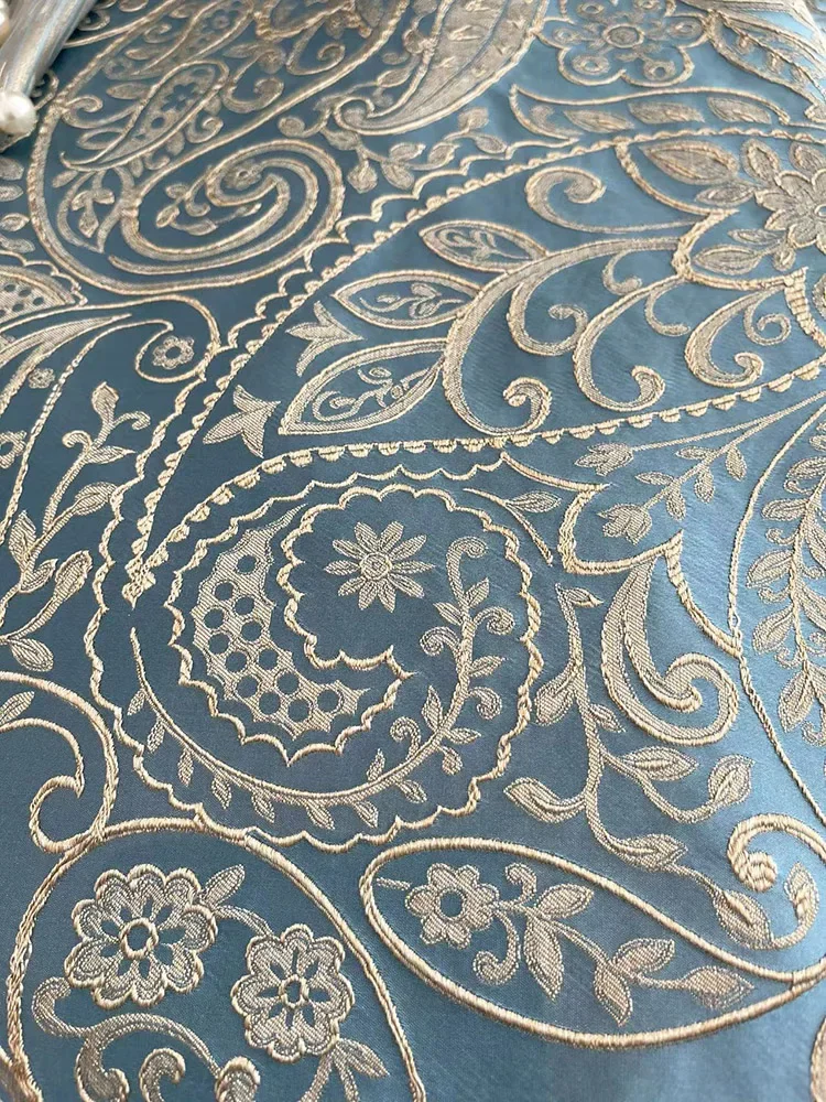

Gold Embossed Blue Jacquard Splicing Thickened Blackout Curtains For Bedroom Living Room French Window Balcony Window Customized