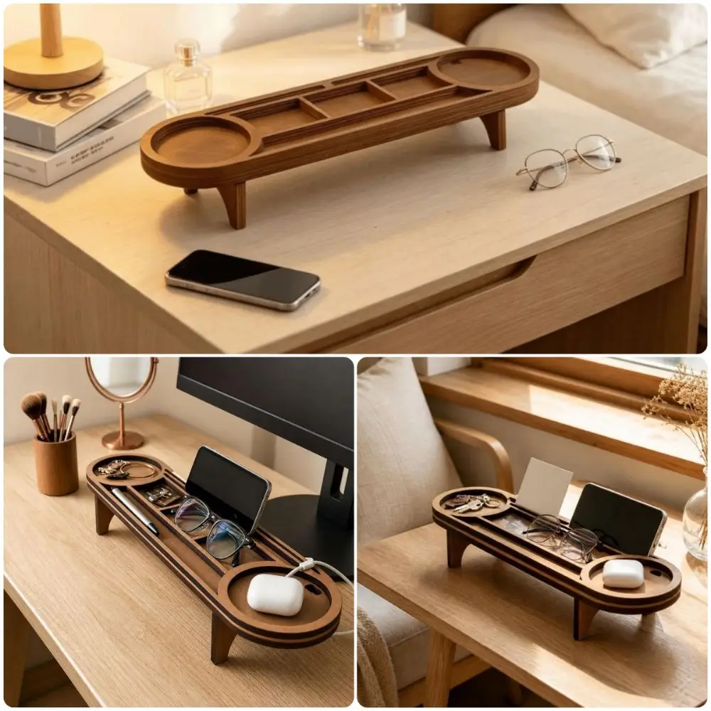 Brown Wooden Desk Organizer Wood Multi-Compartment Desktop Sundries Organizer Pen Slot Multi-Functional Desk Storage Rack