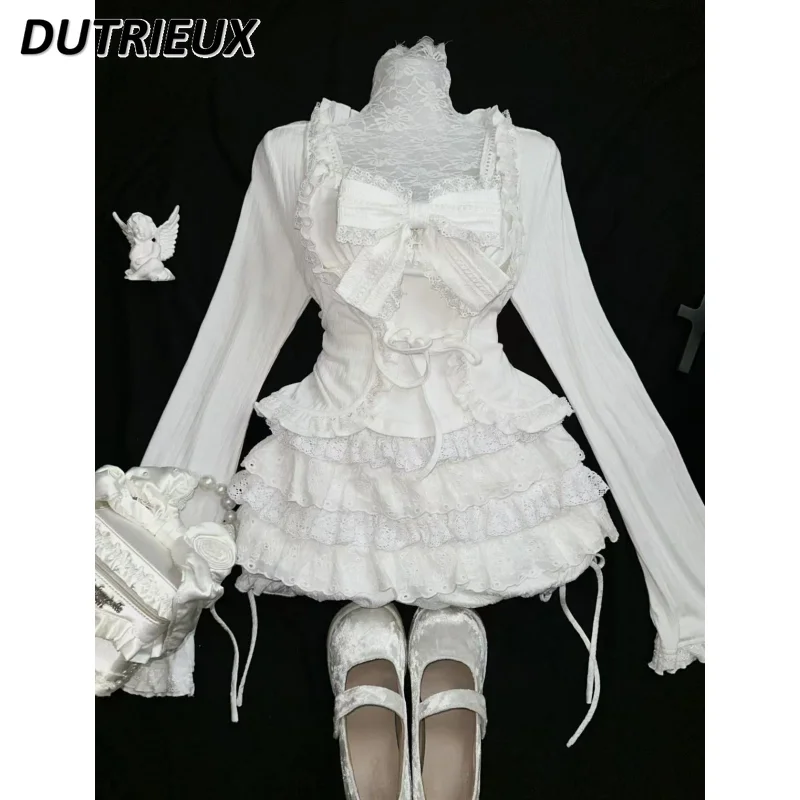 Japanese Gothic Style Sweet Bow Tube Top Suspender and Ruffle Lace Lace-up Cardigan + Cake Splicing Short Skirt 3-piece Set