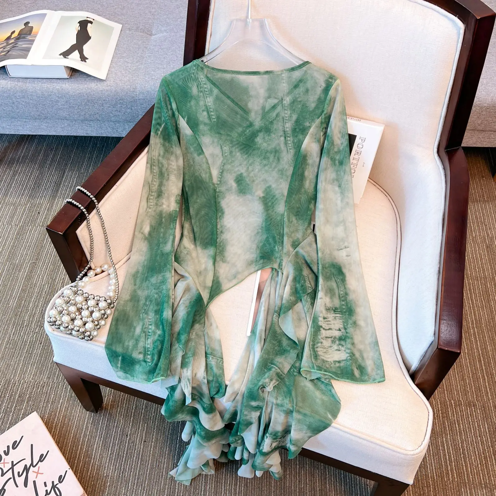 Summer Tie Dye Women's Mesh Top American Fashion Irregular Long Sleeved Tees Female V-neck Slim Fit Ruffle Sunscreen Shirts