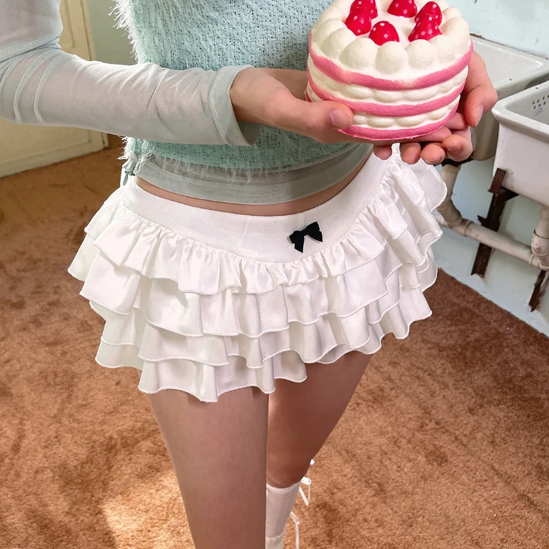 

Y2k Kawaii Cute Cake Ruffles White Mini Skirt Women Bow Slim Skirt Elastic Waist Summer A-line Skirt Going Out Party Streetwear