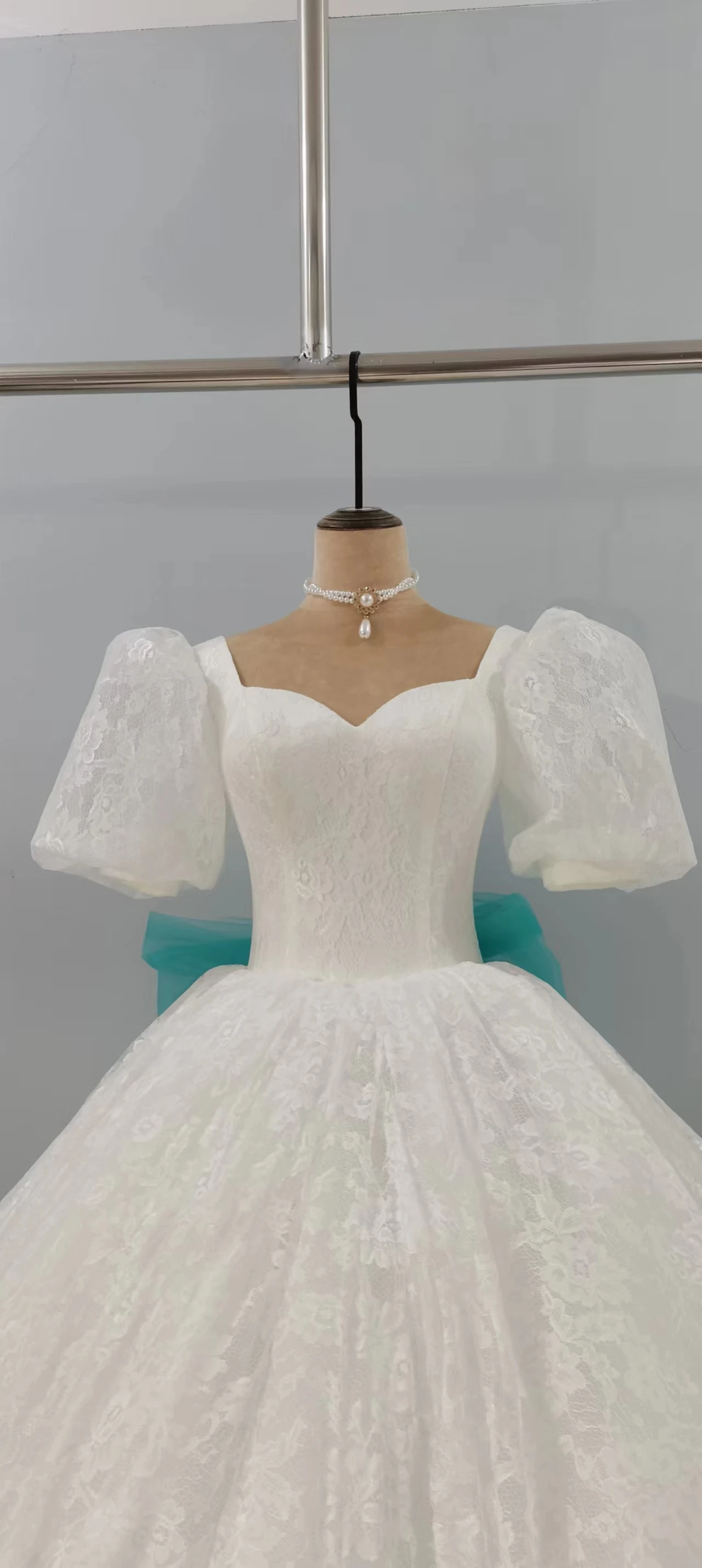 CloverBridal-실제 사진 짧은 소매 스퀘어 네크라인 vestidos 레이스 웨딩 드레스, 2022 긴 리본 백 로브 드 마리에 WW8293