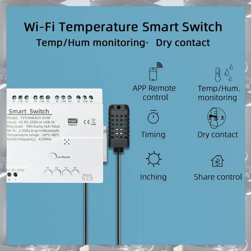 Hot Selling-Tuya Smart Wifi 4 Channel Relay With Temperature Humidity Sensor Passive Dry Contact Switch RF433 For Alexa Alice,Tu
