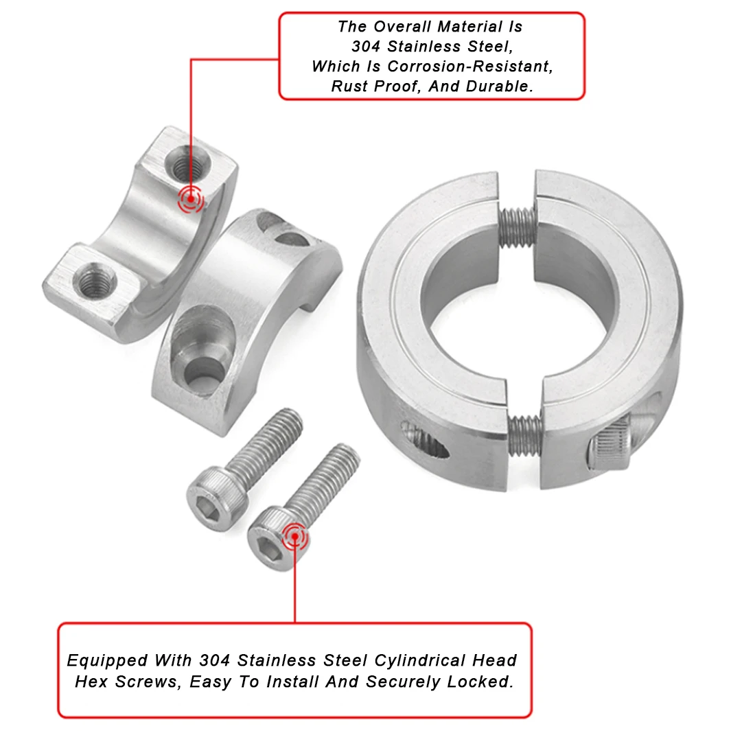 Immagine 3: 1 pz Collare per albero in acciaio inossidabile a giunto diviso con cuscinetto a manicotto fisso e vite di serraggio, diametro interno 6-60mm, disponibile