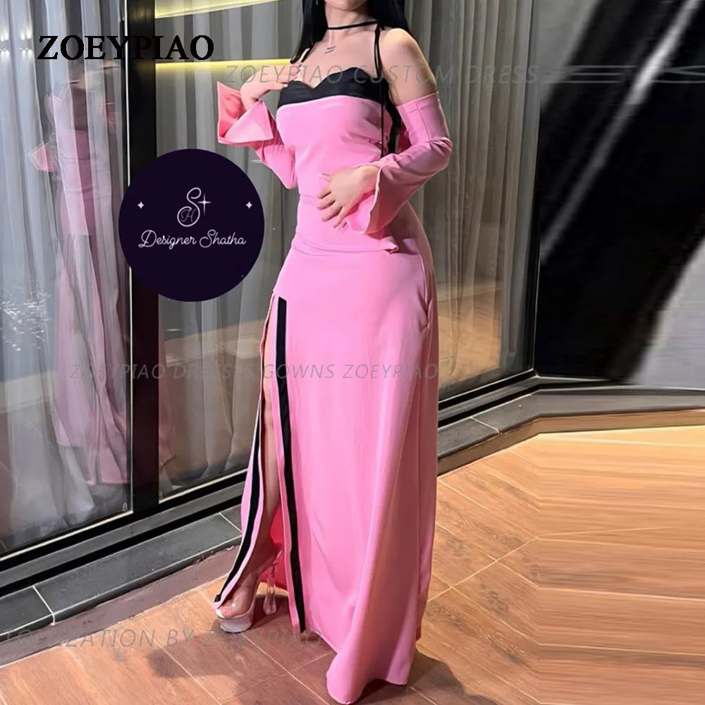 Pink Patchwork Dresses Plus Size Side Slit Long Sleeves Arabic Dubai Prom Evening Party Gowns for Ladies Cocktail Event Outfits