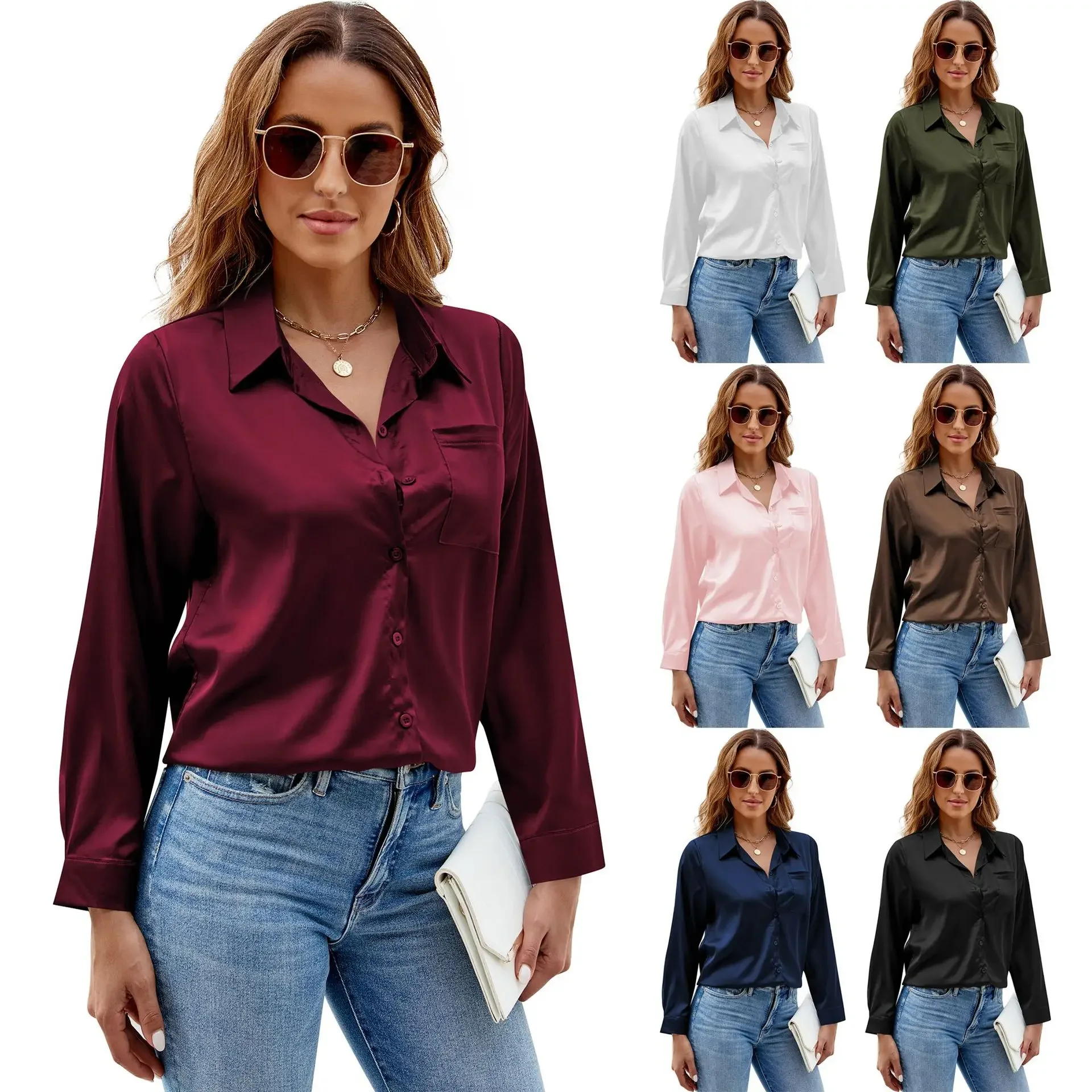 

Women Spring Autumn Satin Button Up Shirt 2025 New Long Sleeve Tops Office Slim Fit Top Pocket Blouses Women's Top With Sleeves