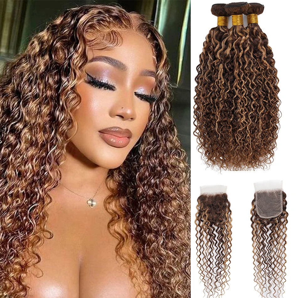 12A Honey Blonde Highlight Water Wave 2/3 Bundles With Lace Closure 100% Human Hair Ombre Brown Curly Bundle With HD 4x4 Closure