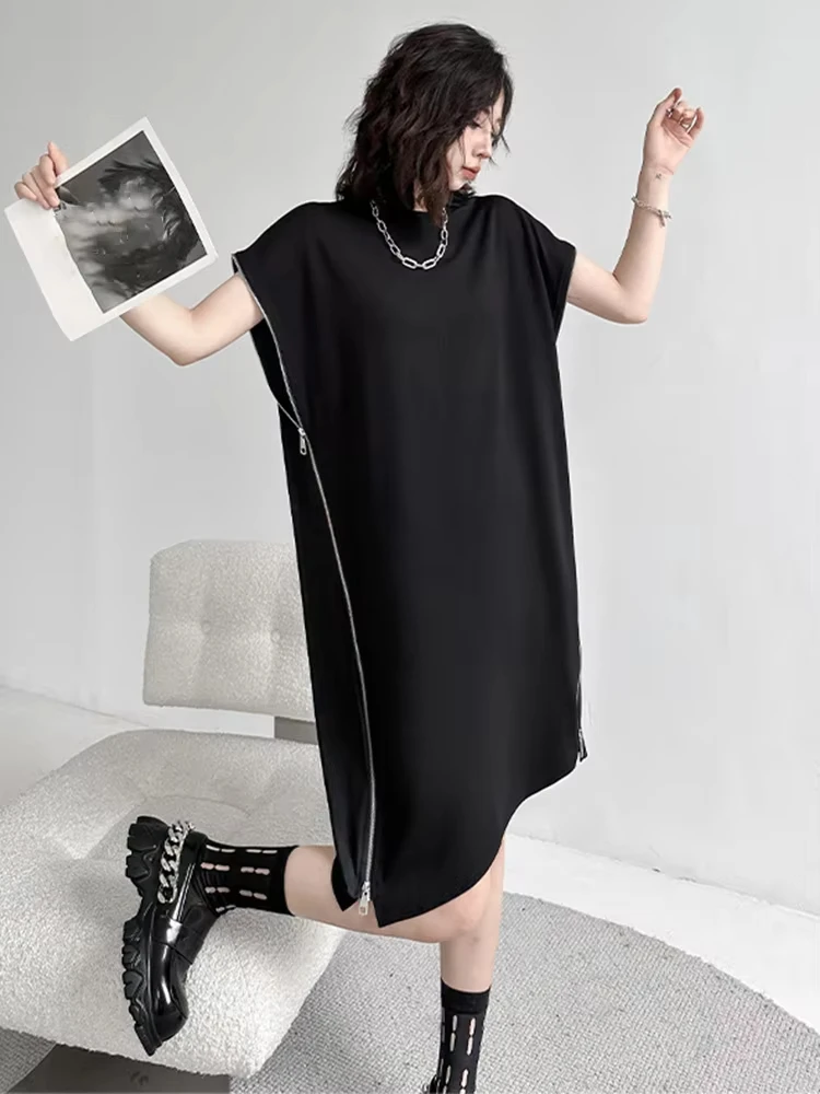

Women Black Zipper Big Size Casual Dress New Round Neck Short Sleeve Loose Fit Fashion Tide Spring Summer 2024 1DF7865