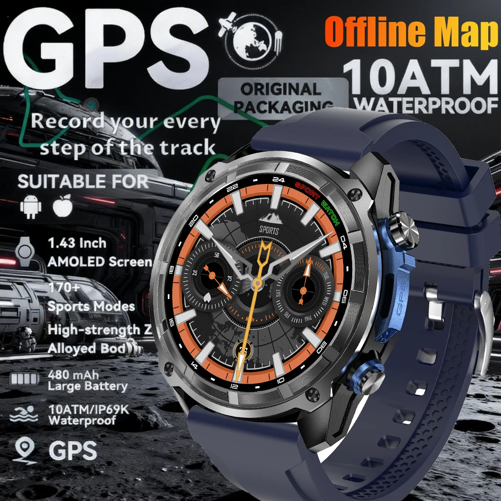 

2025 T-Rex Tactical Smartwatch for Men with Built-in GPS Offline Map 4GB Memory 5ATM Waterproof for Swimming Military Grade