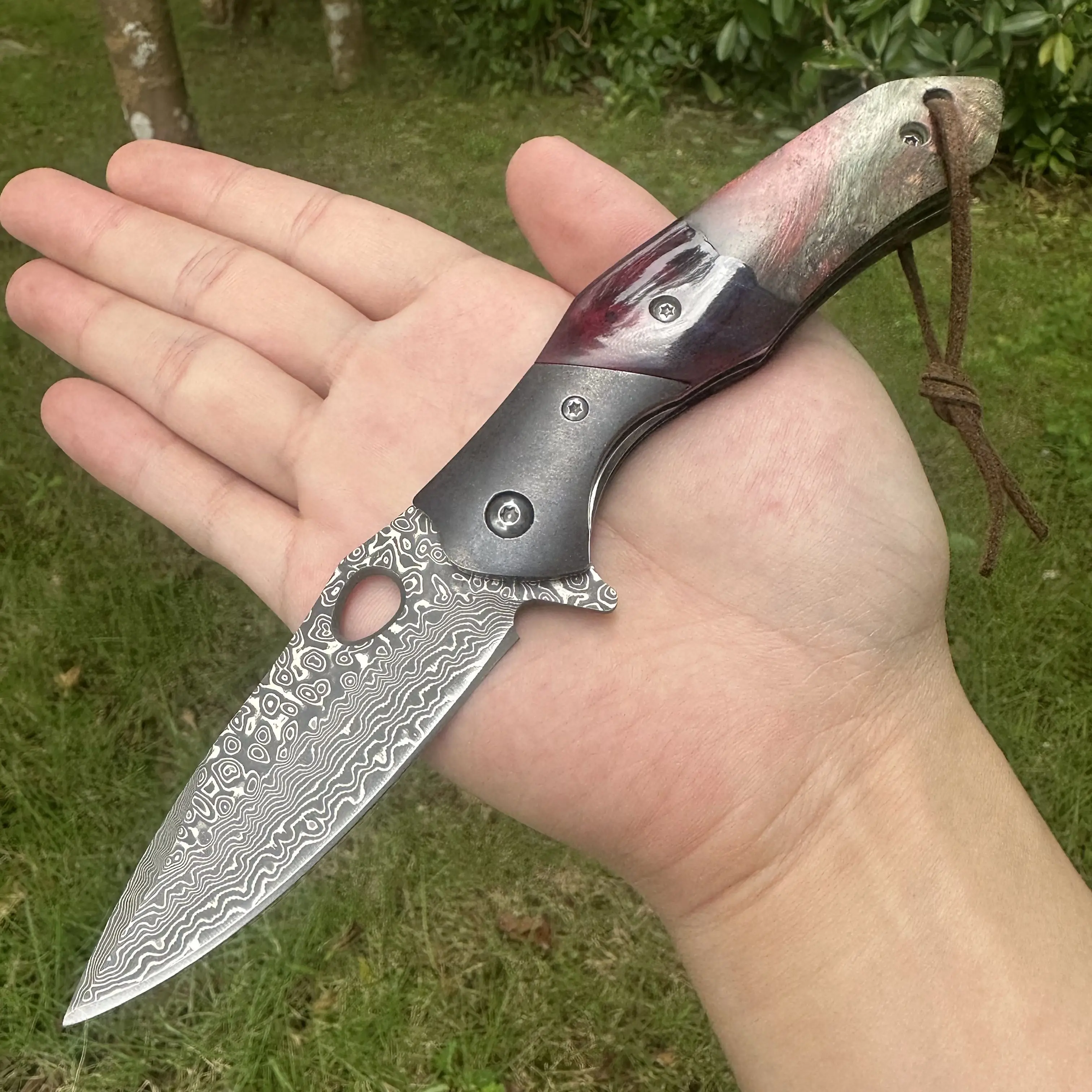 

Topwell Handmade Premium Pocket Knife Resin Africa Wood Handale Damascus VG10 Blade Smooth Opening Portable Outdoor EDC Knife