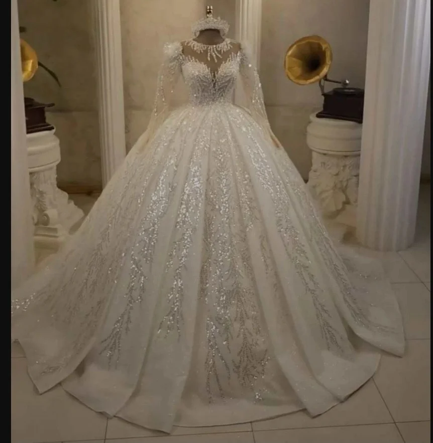 

Customized Sheer Neck Shinny Beads Sequins Ballgown Wedding Dress Sweep Train Robe De Marriage Luxury Long Sleeve Bridal Gown