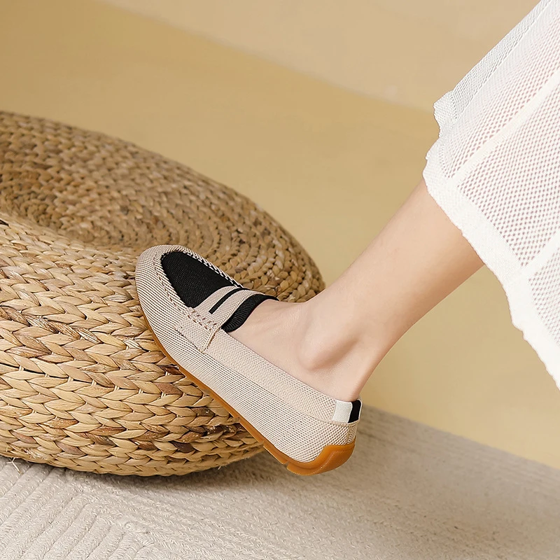 Round Head Spring Autumn New Solid Color Woven Women\'s Flat Shoes Fashion Casual Mesh Bean Shoes