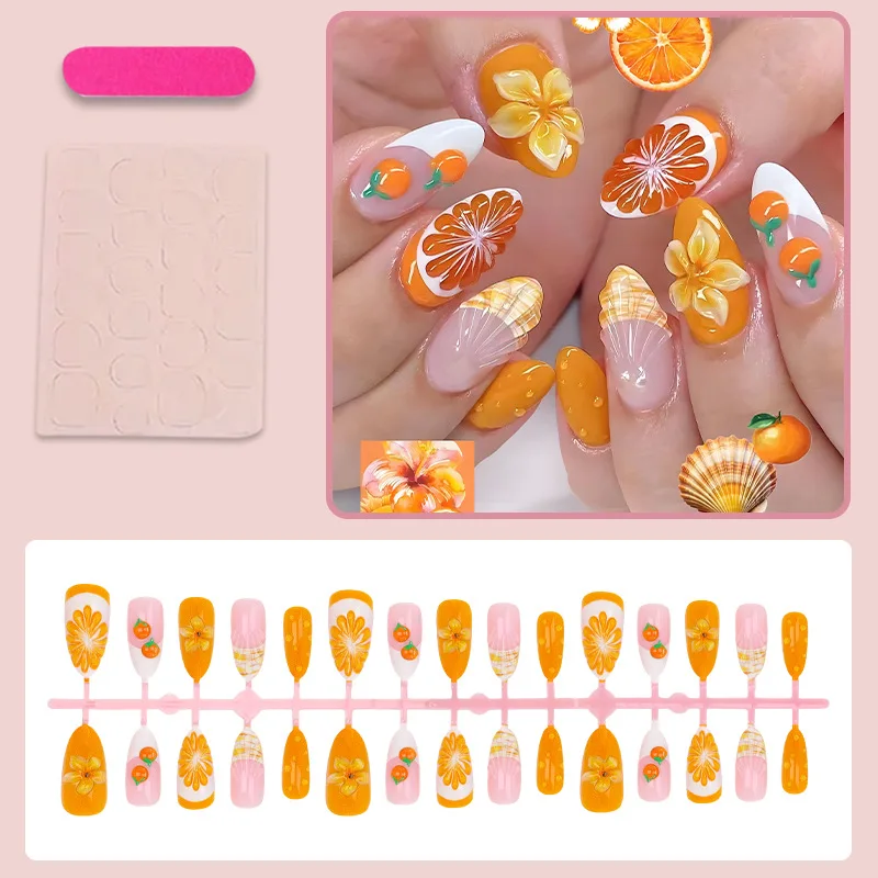 24PCS Orange Citrus Press on Nails Cute 3D Flower and Shell False Nails Summer Fruit Design Almond Acrylic Nail Tips for Beach