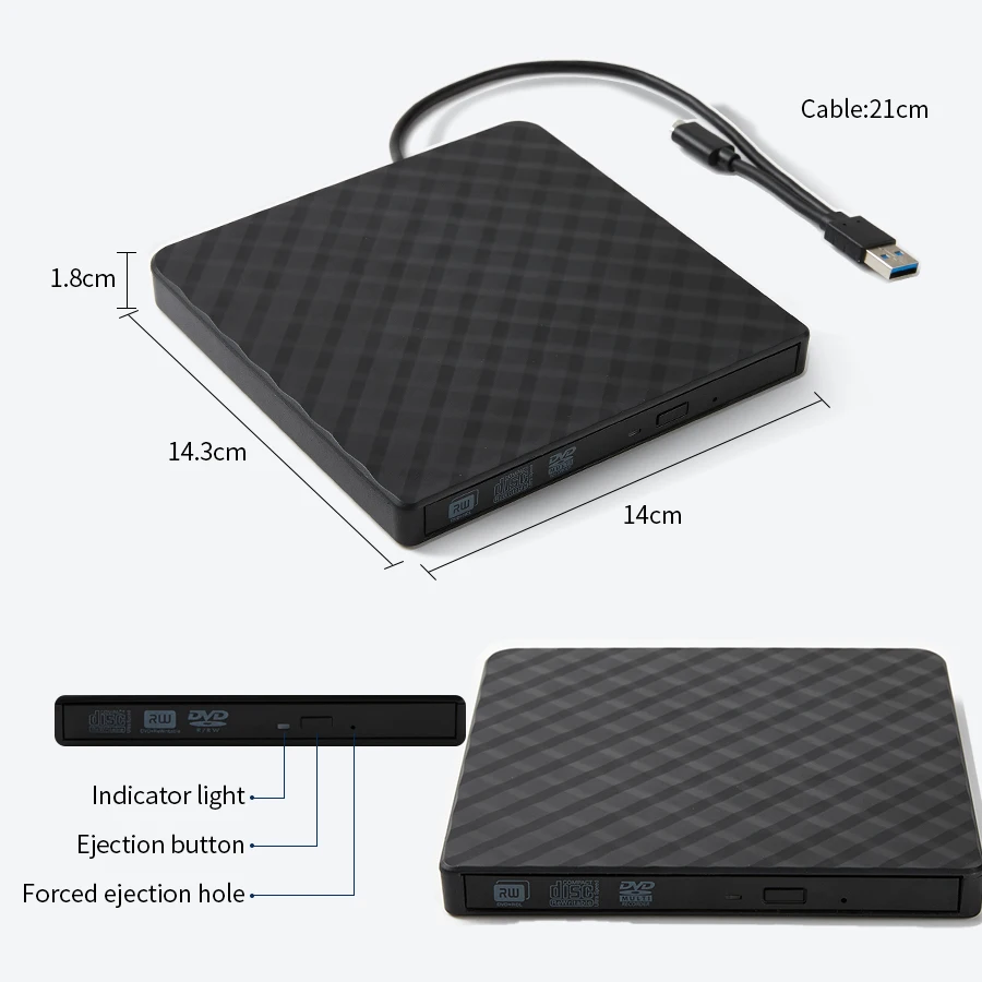 Externes DVD-Laufwerk, USB 3.0, tragbar, schlank, optisches Laufwerk, Brenner, Lesegerät, Player, Tablett-Typ, tragbar, für Laptop, PC, Computer – Detail 5