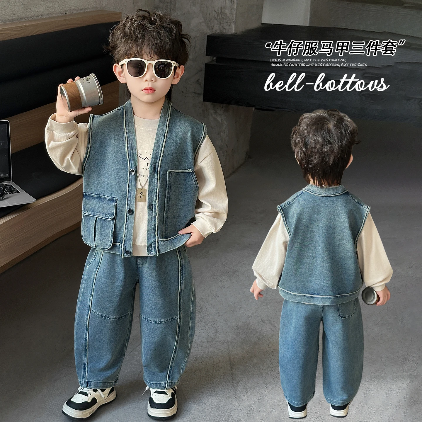 

Корейский детский комплект одежды: весенне-осенний костюм для мальчиков, джинсовый жилет, футболка с длинным рукавом, джинсы, комплект из 3 предметов, 2-11 лет