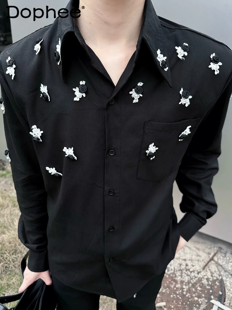 

Fashion Three-dimensional Rose Shirts Men's 2026 Spring New Pearl Embroidered Design Tops Male Chic High-end Long-sleeve Shirts