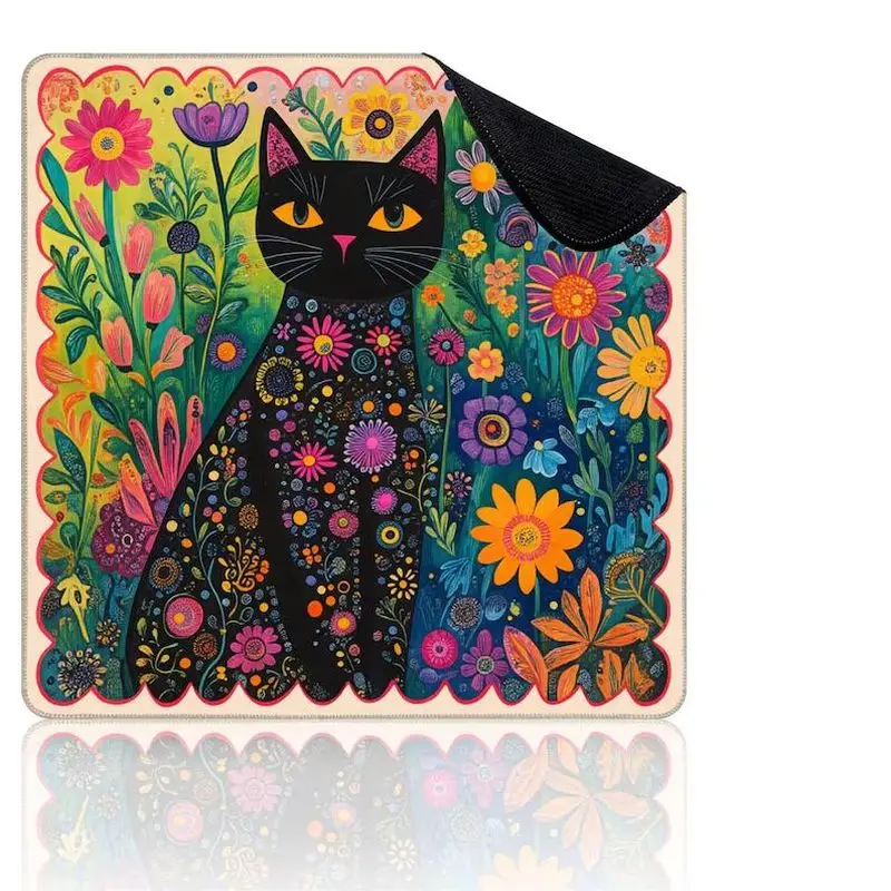 VIKAMA Wildflower Black Cat Print Mahjong Mat Non Slip Washable Portable Table Mat Cute Gift For Women Game Party