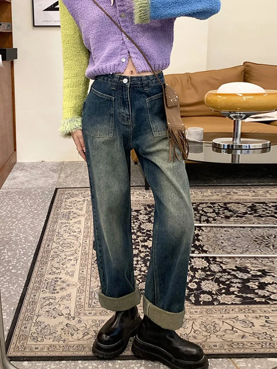 

plus Size Vintage Denim Jeans Women's High Waist Straight Leg Floor Length Loose Fit Slimming Long Trousers Winter Season