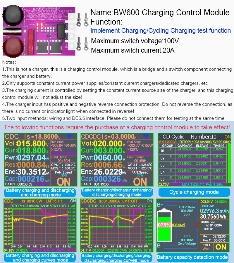ATORCH BW600 Electronic Load Meter Charging Control Module Adapter Max 100V 20A Supports DC5.5 Interface and Wiring