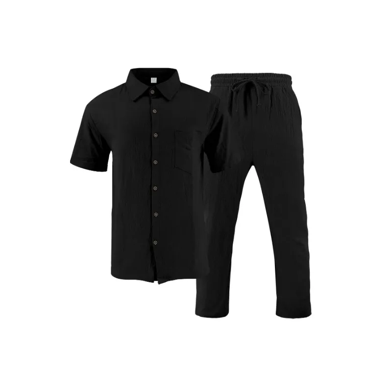 2025 Мужская повседневная рубашка на пуговицах и длинные брюки, комплект из 2 предметов, летняя пляжная одежда, удобный наряд