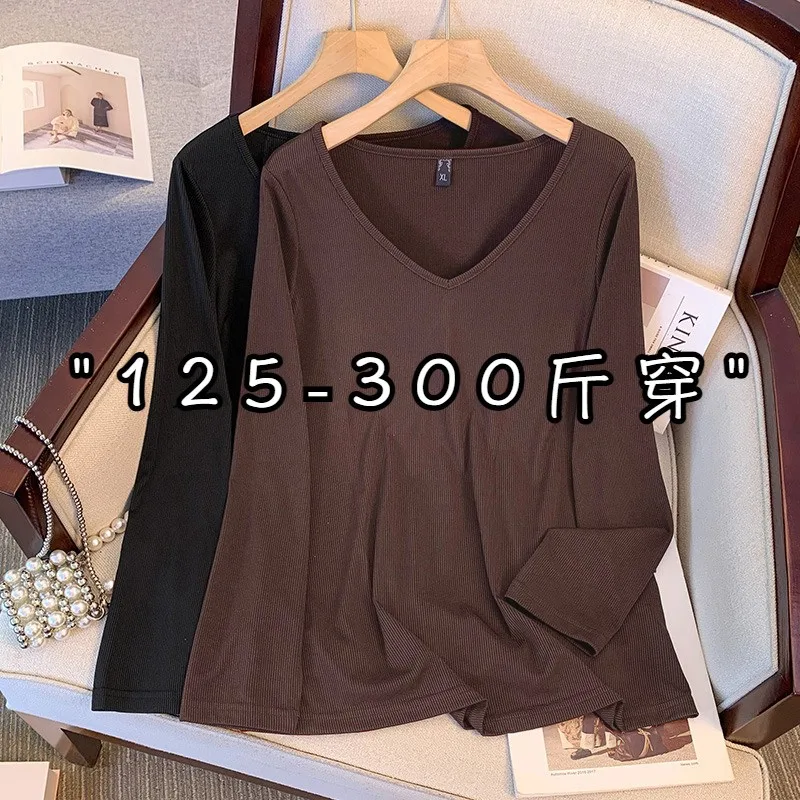 Plus size, versatile base shirt Korean version new slimming V-neck long sleeved T-shirt top 3350