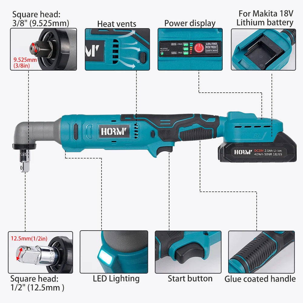 Hormy 브러시리스 직각 전기 렌치, 마키타 18V 리튬 배터리용 무선 임팩트 렌치, 자동차 수리 도구, 3/8 인치, 1100Nm