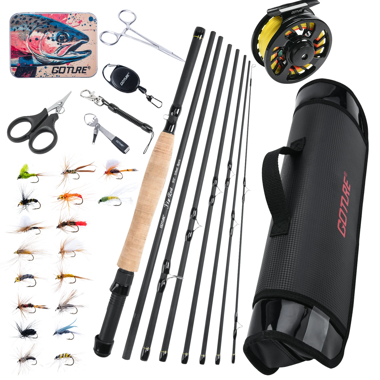 

Goture 2.7M Fly Fishing Rod And Reel Combo Set Carbon cork handle Medium-fast Fly Rod Fly Reel & Line &Tool Accessories